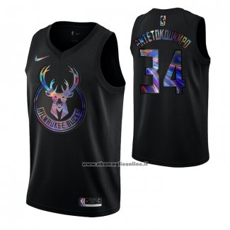 Maglia Milwaukee Bucks Giannis Antetokounmpo #34 Iridescent Logo Nero