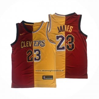 Maglia Cleveland Cavaliers Los Angeles Lakers LeBron James #23 Split Rosso Giallo