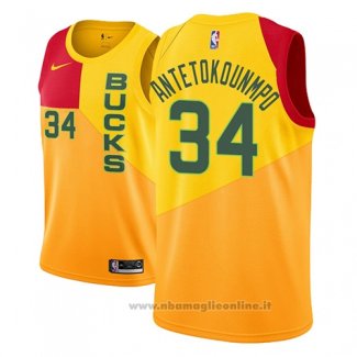 Maglia Milwaukee Bucks Giannis Antetokounmpo NO 34 Citta 2018-19 Giallo