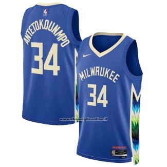 Maglia Milwaukee Bucks Giannis Antetokounmpo #34 Citta 2022-23 Blu