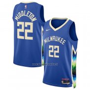 Maglia Milwaukee Bucks Khris Middleton #22 Citta 2022-23 Blu