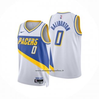 Maglia Indiana Pacers Tyrese Haliburton No 0 Citta 2025-26 Bianco